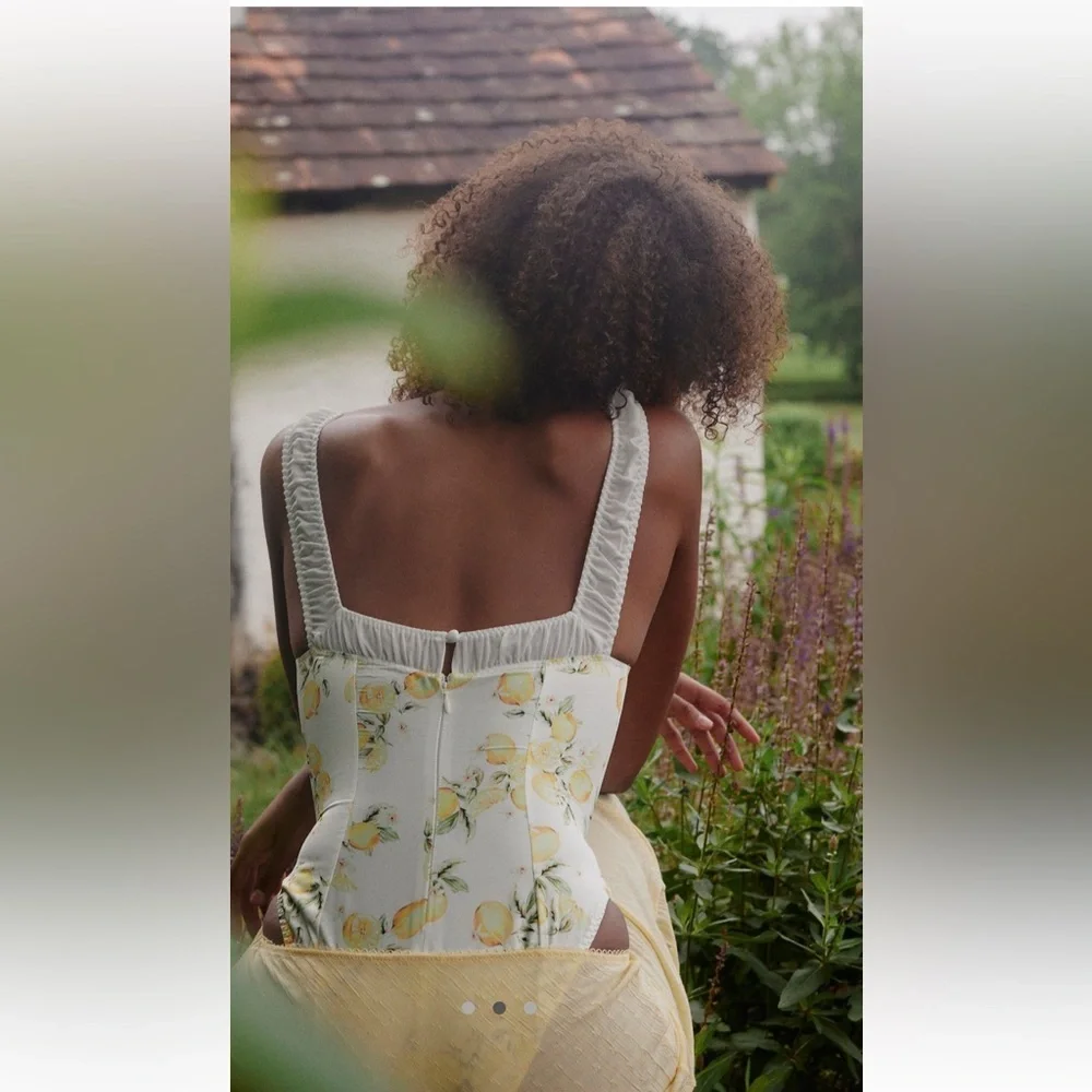 For Love & Lemons White Lemon-Print Lace-Up Bodysuit - Picture 2 of 7